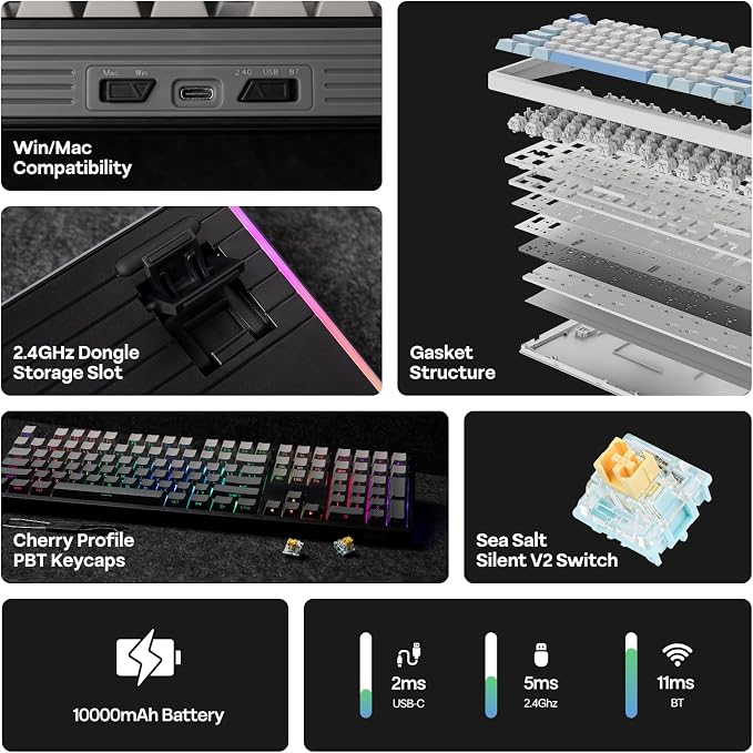 EPOMAKER TH108 Full Size Mechanical Keyboard, Wireless Gaming Keyboard with 8000mAh Battery, Creamy Gasket, 108 Keys, Hot Swap, Custom Driver, RGB Backlight (Black, Sea Salt Silent)