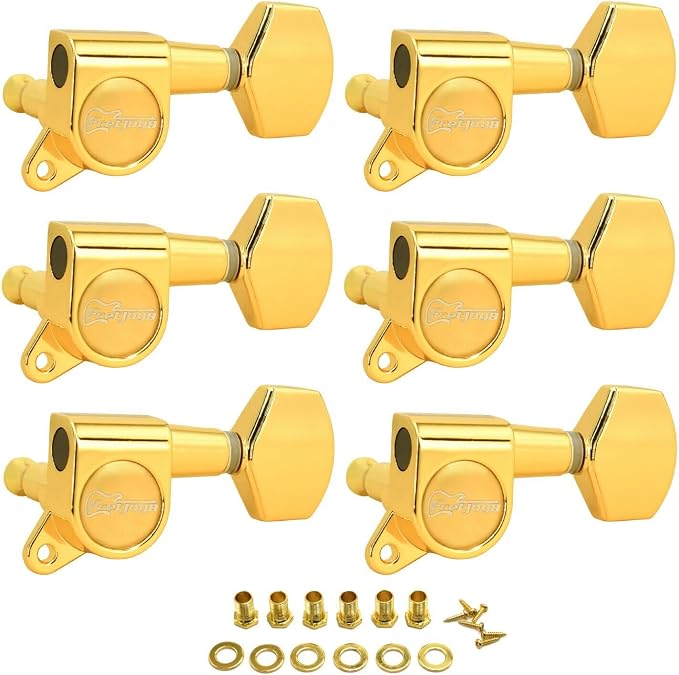 FretJoyB 18:1 Guitar Tuning Pegs 6 in Line Standard Guitar Tuners Tuning Keys Replacement for Acoustic or Electric Guitars-Gold(6 Right)