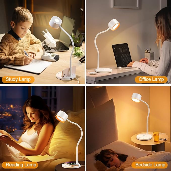 LED Desk Lamps for Home Office, Desk Lamp with USB C + A Dual Charging Ports, Wireless Charger, 5 Colors Dimming Reading Lamp Timer/Memory Touch Bedside Table Lamp for Bedroom College Dorm Room White