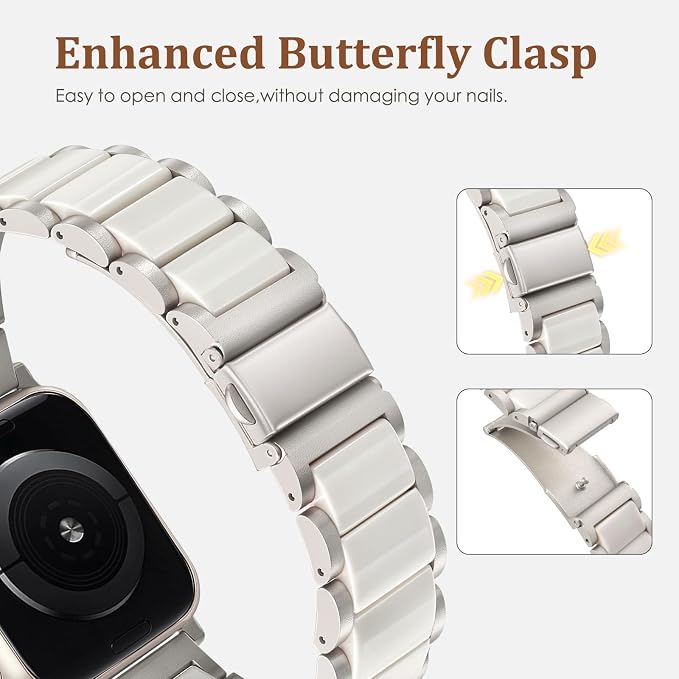 V-MORO Compatible with Apple Watch Band 41mm 42mm 40mm 38mm Series 11/10/9/8 Fashion Strap Women,Stainless Steel Resin Band Bracelet Replacement for iWatch SE 3/7/6/5/4/3/2/1-Starlight