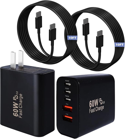 60W USB C Charger Block for iPhone 17 16 15,2Pack 5-Port USB C Phone Charger,Quick Type C Charger Fast Charging 10FT Long Type C Charging Cord for iPhone 17 Pro/17 ProMax/17 Air/16 ProMax/16e/15 Pro