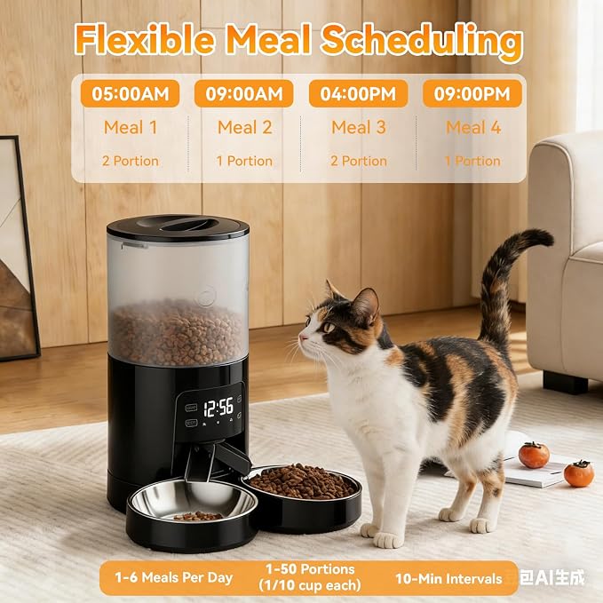 NEWBULIG Automatic Cat Feeder for 2 Cats, 6L/25.3 Cups Timed Pet Feeders with Dual Bowls, 10s Voice Recorder, Dog Food Dispenser for Dry Food, 6 Meals/Day, 50 Portions/Meal, Dual Power Supply, Black