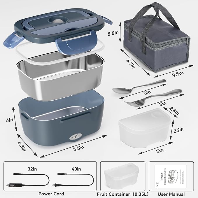 Vingud Electric Lunch Box for Adults, Heated Lunch Box Food Warmer, 80W Portable Heating Lunchbox for Work/Car/Truck, 12/24/110V Lonchera Eléctrica Portátil Christmas White Elephant Gifts, Blue Gray