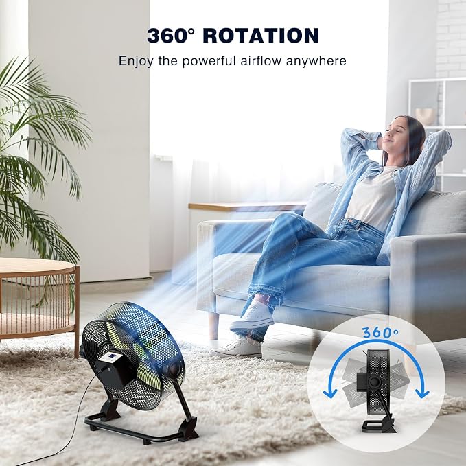 10 Inch Portable Cordless Rechargeable Floor Fan, Whisper Quiet Battery Operated Full Metal Fan, 24H Runtime, 12 Speeds, 12H Timer, USB Charging, for Camping, Outdoor Patio, Home, Garage, Bedroom
