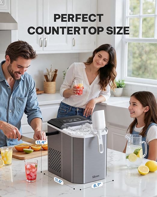 Silonn Ice Maker Countertop, Stainless Steel Portable Ice Machine with Carry Handle, Self-Cleaning Ice Makers with Basket and Scoop, 9 Cubes in 6 Mins, 26 lbs per Day