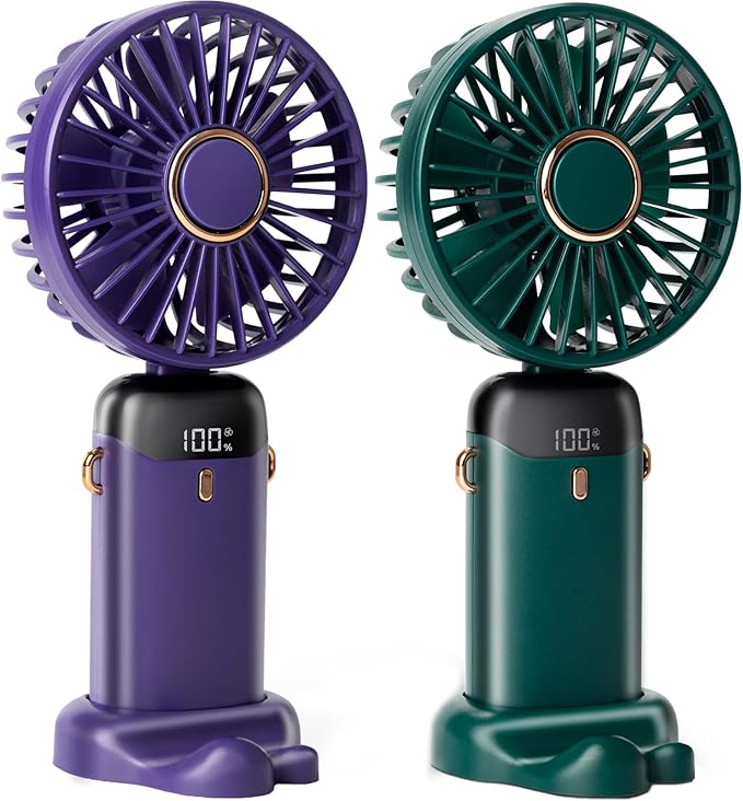2 PCS Portable Handheld Fan, 12 hours Upgrade 3200mAh Mini Fan with Stand, 90° Foldable, 5 Speed Wind,Hand Held/Neck/Desk 3 in 1 Personal Small Fans, Makeup Fans for Women (Purple, Green)