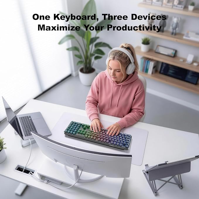MOFII Upgraded Wireless Ergonomic Keyboard, BT/2.4Ghz Tri-Mode with Natural Curve, RGB Backlit, Rechargeable Battery, Full-Size for Computer/Laptop/Mac/MacBook, Pearl Black