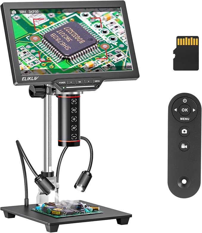 Elikliv Autofocus Digital Microscope EM3K-AF Max: 3K Coin Microscopes with 10.1" IPS Screen, HDMI Soldering Microscope for Electronics Repair, Watchmaking Magnifier, HDMI/USB Output, 10" Stand, 16GB