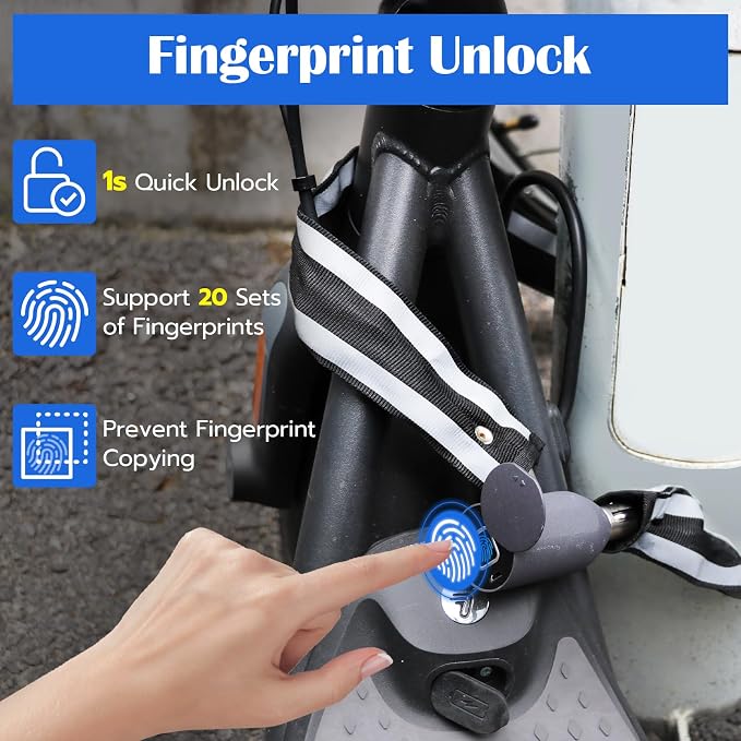 Eseesmart Bike Chain Lock, Fingerprint Bike Locks Heavy Duty Anti Theft, 3.28 Feet Security Bike Locks with APP, Waterproof Smart Cable Lock for Bike, Bicycle, Scooter, Motorcycle, Door, Gate, Fence