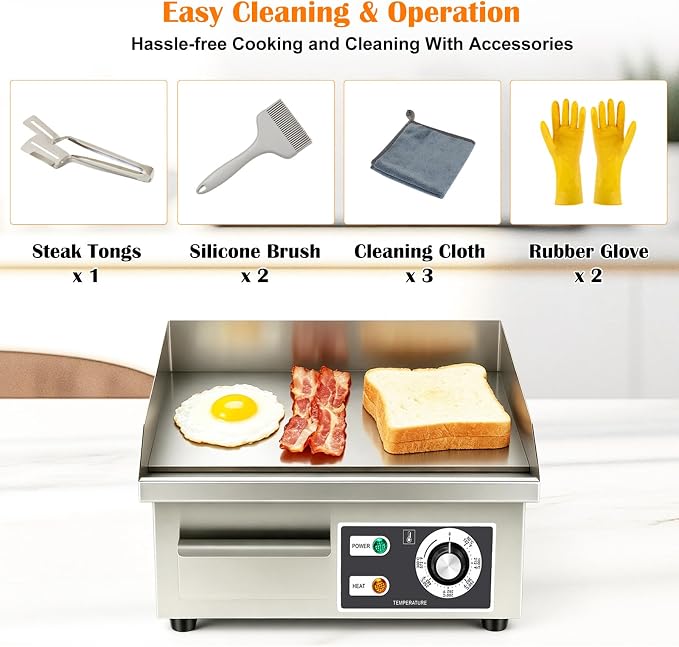 Electric Griddle 15.7"×14.2" 1700W Flat Top Grill Stainless Steel Teppanyaki Grill Countertop Flat Top BBQ Nonstick Plate Adjustable Temperature Control for Home or Restaurant Use