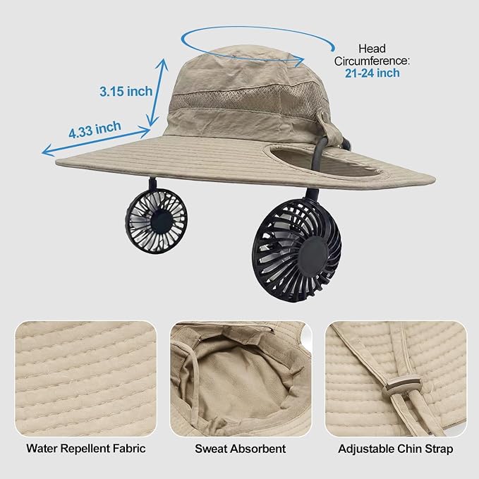 Sun Hat with Fan for Men & Women, Bucket Hat with Fan, UPF 50+ Cooling Hat with Sunblock Sleeves for Fishing,Hiking