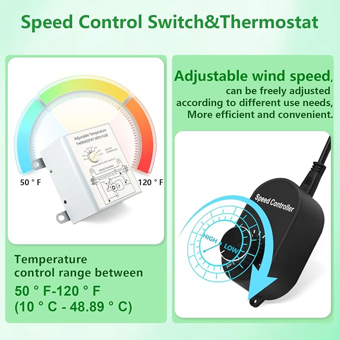 Shutter Exhaust Fan with Thermostat & Speed Control, 576 CFM,1700RPM, Upgrade 7 inch Wall Mount Attic Vent Fan for Chicken Coops, Greenhouse, Barn, Garage, Shed Ventilator