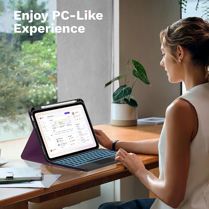 MoKo Touch Keyboard Case for iPad (A16) 11th Generation 11 inch 2025, iPad 10th Generation 10.9 inch Case with Pencil Holder, 7 Colors Backlit Multi-TrackPad Detachable Bluetooth Keyboard, Dark Purple