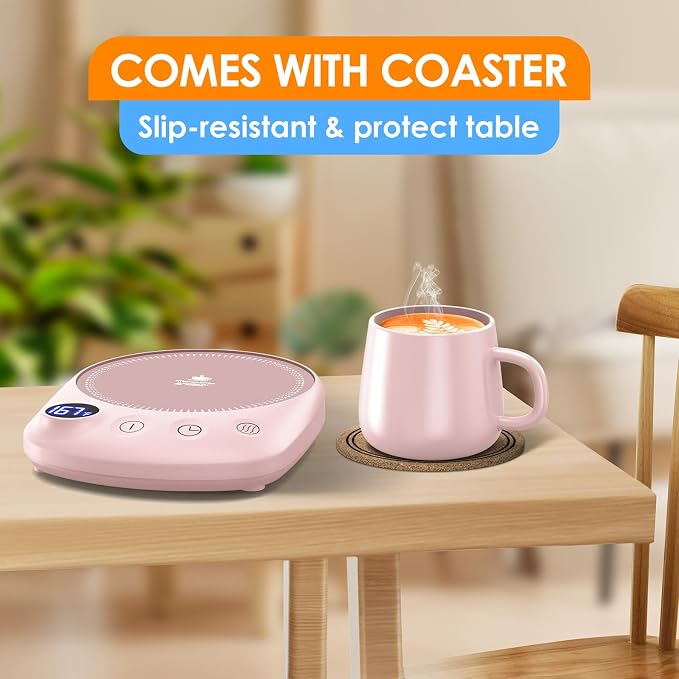 Coffee Mug Warmer - Fastest Heating & Highest Temperature, Coffee Cup Warmer for Desk Auto Shut Off, 4 Temp Settings & 1-12H Timer, Smart Electric Beverage Warmer for Coffee, Tea (Pink)
