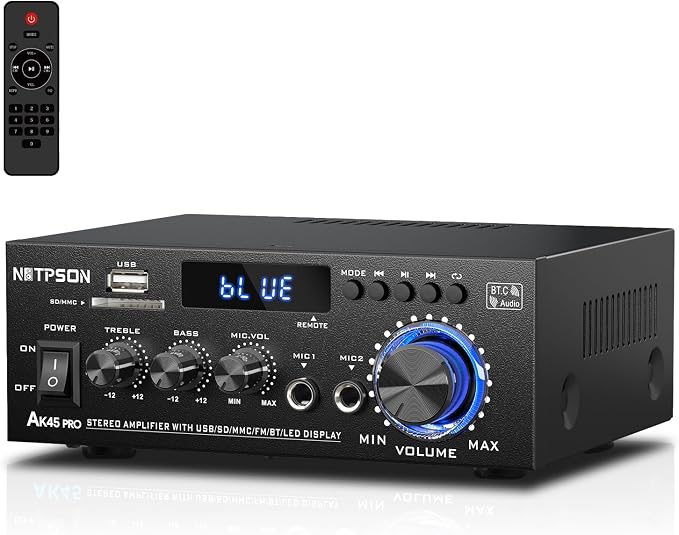 AK45 Bluetooth Stereo Receiver Amplifier,800W Home Audio Amp with FM Radio,USB/SD Inputs Remote Control, Wireless Power Amplifier for Home Theater Speakers,Karaoke,Garage Bookshelf Speakers