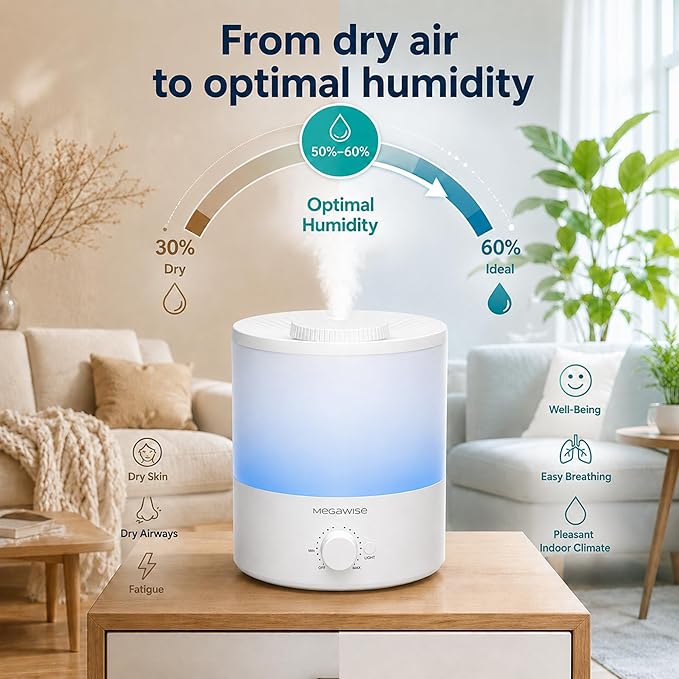 MegaWise Ultrasonic Cool Mist Humidifier SK7620 - 1.5L Capacity, Whisper-Quiet Operation, Adjustable Mist Output, Auto Shut-Off - Ideal for Home, Office, Baby Room, and Bedroom