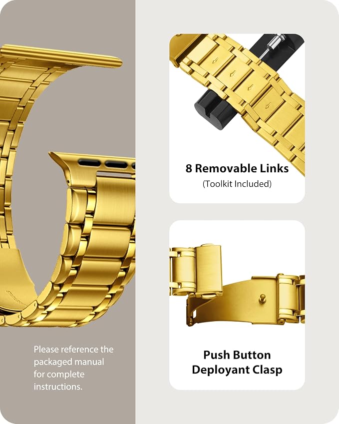 Fullmosa Bands Compatible with Apple Watch Band 45mm 44mm 42mm, Stainless Steel iWatch Band with Case for Apple Watch Series 9 8 7 6 5 4 3 2 1 SE3/2/1, Golden