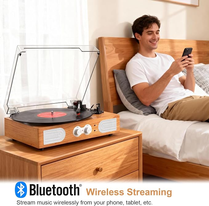 Vinyl Record Player with Built-in Speakers 3-Speed Vintage Record Player Support Treble& Bass Control, 3.5mm Headphone Jack, RCA-Out/Aux in, Belt-Driven LP Turntable,Natural Wood