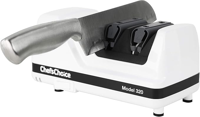 Chef'sChoice Professional Electric Knife Sharpeners FlexHone/Strop With 100-Percent Diamond Abrasives And Precision Angle Guides For 20-Degree Straight-Edge and Serrated Knives, 2-Stage, White