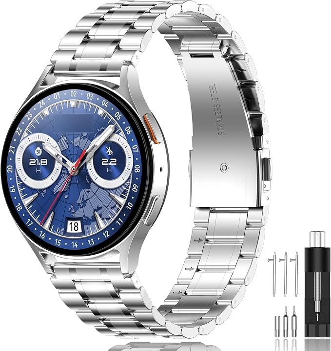 SUPLINK Compatible with Samsung Watch 4 5 6 7 40mm 44mm Band/Galaxy Watch 4 6 Classic Band 42mm 46mm 43mm 47mm/Galaxy Watch 5 Pro 45mm/Active 2, 20mm Metal Replacement Strap for Men Silver