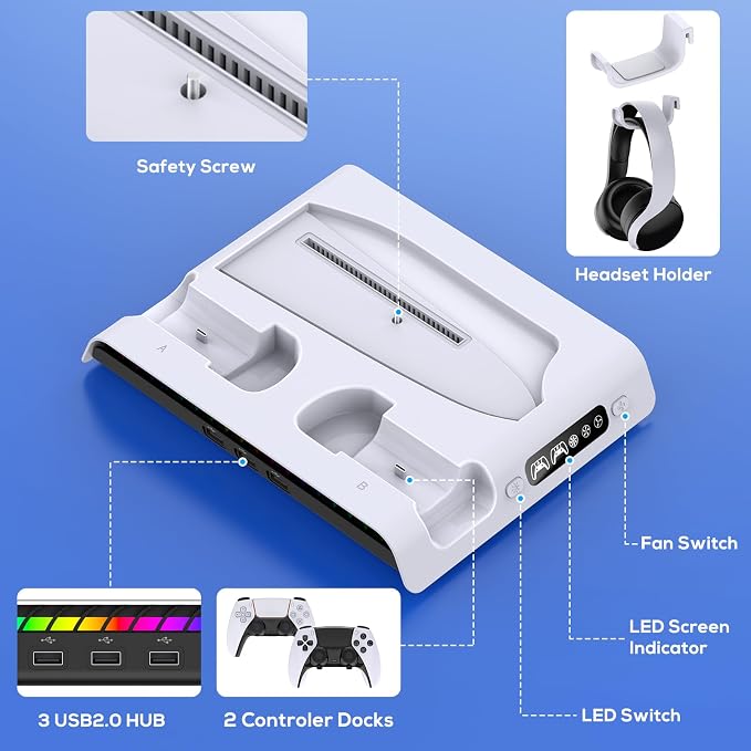 FASTSNAIL Charging Stand with Cooling Fan for PS5 Pro/Slim Console, Vertical Controller Charger Station with 9 RGB Lights & Headset Hook & 3-Level Silent Fan, Cooler Accessories for PS5 Pro/Slim