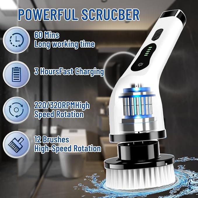 Electric Spin Scrubber, Cordless Cleaning Brush Scrubber with 12 Replaceable Brush Heads, 360 Power Scrubber Dual Speed with Adjustable & Detachable Handle for Bathroom Kitchen Car (White)