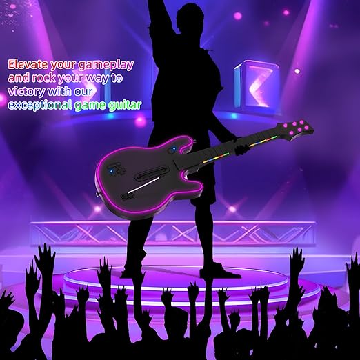 JJDWIN Wireless Guitar Hero Controller for PS4/PS3/PC with RGB Light, Rock Band & Clone Hero Games, Fortnite Festival with Strap & Wireless Dongle,Black