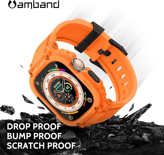 amBand Bands Case Screen Protector Compatible with Apple Watch Ultra 3/2/1 49mm, M1 Sport Series Rugged Cover Strap and 9H Tempered Glass Film, Protective Bumper for iWatch 49 mm Men Orange