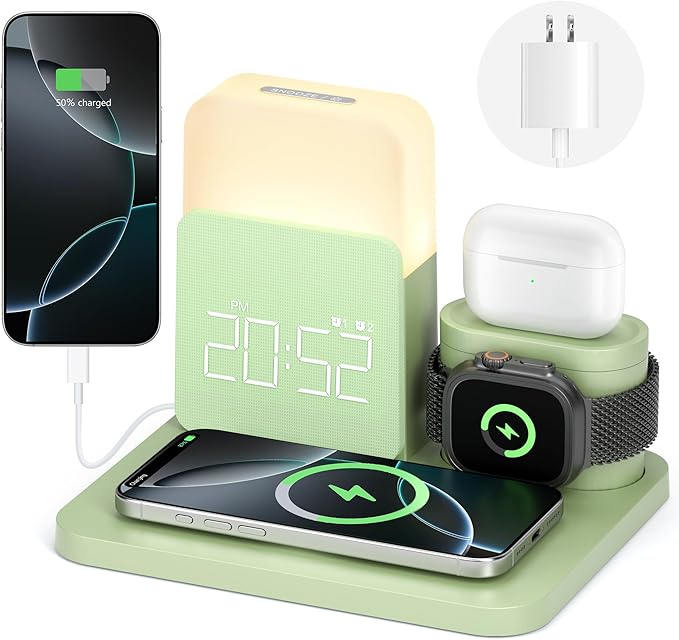 Wireless Charging Station, 7 in 1 Wireless Charger Stand with Dual Alarm Clock, Charging Dock for iPhone16/15/14/13/12/11/Pro/Max/Samsung Phone, Apple Watch 9/8/7/6/5/SE, AirPods/3/2