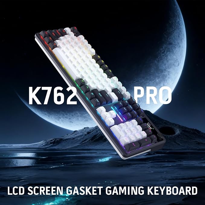 Redragon K762 Wireless Gasket Gaming Keyboard w/Hype Screen & Knob, 104 Keys Mechanical Keyboard, Easy-Control 1.14’’ TFT Info Display, 5-Layer Noise Dampening, Round PBT Keycaps, Mint Mambo Switch