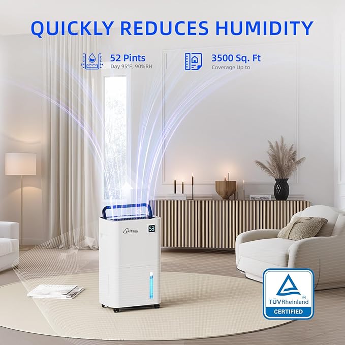 50 Pints Dehumidifier for Basement and Bedroom, Covers 3500 Sq.Ft with Drain Hose, Smart Operation with 3 Modes - Ideal for Home, Bathroom, Garage.
