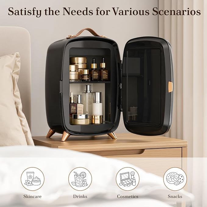 Electactic Mini Skincare Fridge with Dimmable LED Mirror, 6L Makeup Fridge Holds 8 Cans, 7° Lean-Back Mirror Design, Portable Cosmetic Refrigerator for Skincare, Beauty Products & Drinks, Black