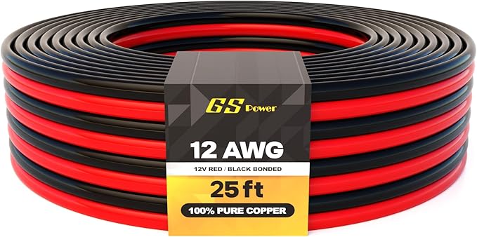 GS Power 12 Gauge Wire 25ft Oxygen Free, OFC Pure Copper Electrical 12v Low Voltage 12/2 Speaker Wire Spool, 12AWG for Electric, Automotive, Trailer, Stereo, RC, Car, Home Theater, LED, Lamp Wiring