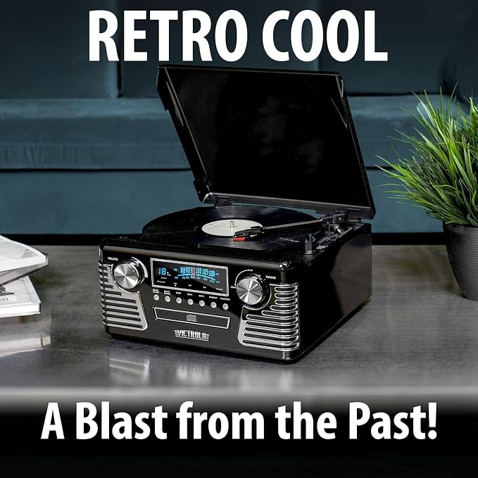 Victrola Haley Retro Bluetooth Record Player & Multimedia Center with Built-in Speakers - 3-Speed Turntable, CD Player, AM/FM Radio, 3.5mm Aux-In, Wireless Music Streaming, Red