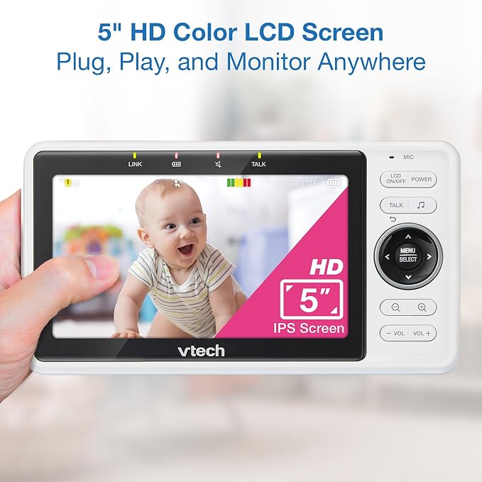 VTech Smart WiFi Baby Monitor, 2 Cameras – See Both Rooms at Home or from Anywhere, Free App, 1080p Split Screen, 5" HD Screen, Pan-Tilt-Zoom, Night Vision | VM901-2