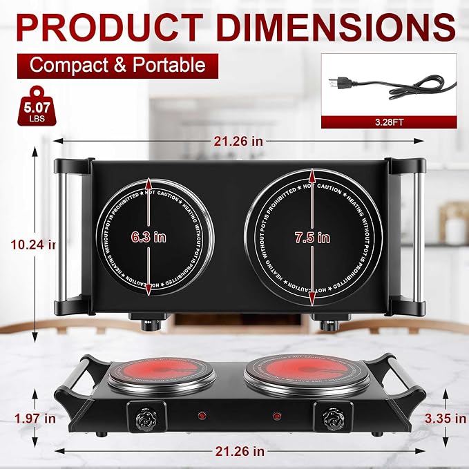 1800W Electric Double Burner, Portable Electric Stove, Hot Plate Countertop with Adjustable Temperature & Stay Cool Handles for RV Camping Home Dorm