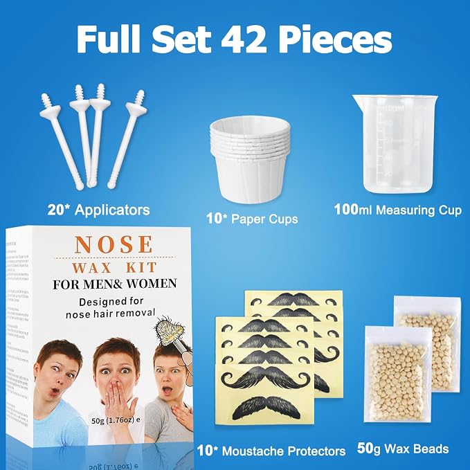 Nose Wax Kit from CoFashion - 50g Wax for Hair Removal, 20 Applicators (Up to 20 Uses), 10 Paper Cups for Nose and Ear Waxing