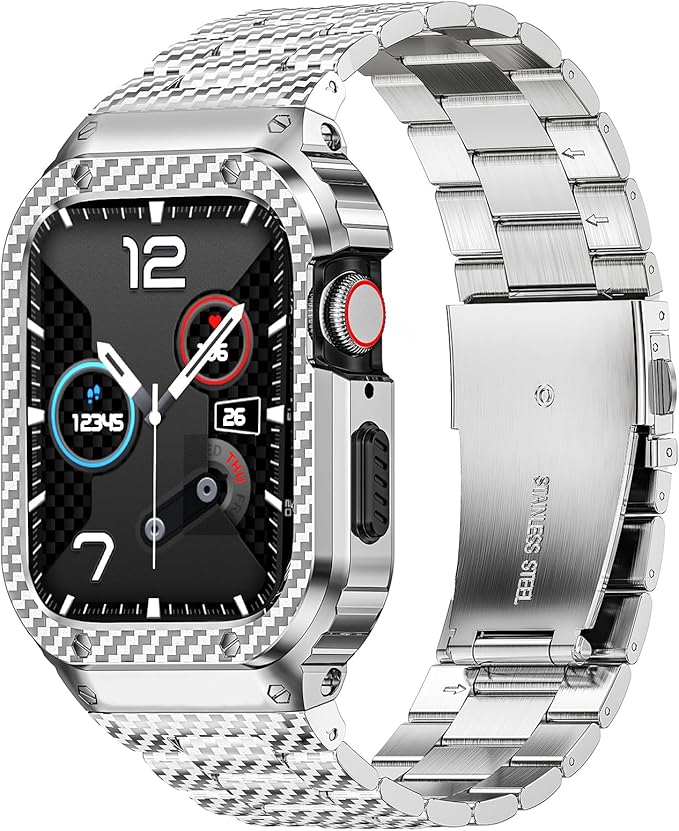 MioHHR Stainless Steel Band and Case Compatible with Apple Watch Band 45mm, Men Metal Protective Bumper Cover for iWatch Series 9/8/7, Silver Pattern