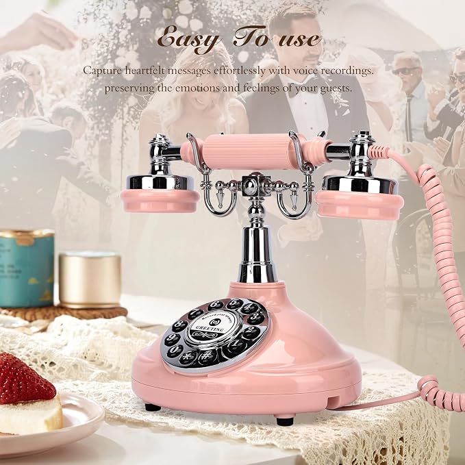 Wedding Phone Guest Book,Audio Guestbook,Vintage Wedding Guestbook Alternative,Polaroid Audio Phone Guest Book for Wedding Baby Shower Retirement Graduation Birthday Party & More! (Pink)