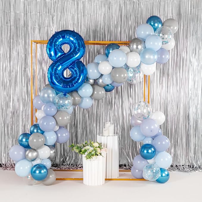 Restaurantware-Balloonify Balloon Garland Set, 1 Party Decoration Kit - 125 Balloons, With Chain, Confetti Blue & Gray Latex Balloon Arch Kit, Includes Glue Dots, Ribbon & Knot