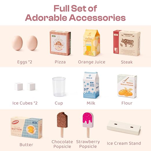 ROBUD Wooden Play Fridge, Kitchen Toy Fridge Freezer Set with Ice Maker, Play Kitchen Refrigerator, Kitchen Playset Gift for Kids & Toddlers, Age 3+ (Pink)