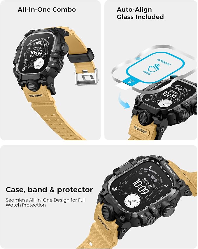 amBand Rugged Case with Band for Apple Watch Ultra 3/2/1 49mm, M3 Military Grade Shockproof Cover, Includes Screen Protector Kit, Tactical Band for Men - Compatible with iWatch Ultra, Sand Beige