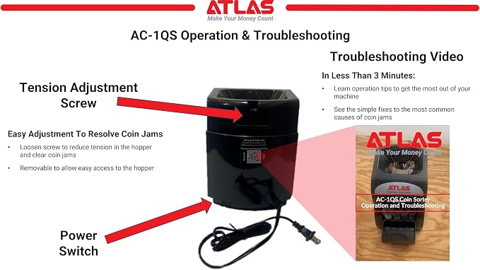 ATLAS Automatic Coin Sorter (AC-1QS), Accurately Sorts 156 Coins per Minute, 200 Coin Hopper with Starter Assortment of Quarter, Penny, Nickel, Dime Preformed Coin Wrappers. | Quickly sort up to 3 rolls of coins per minute