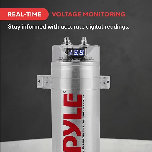 Pyle 3.2 Farad Digital Power Capacitor, High-Performance Car Audio Capacitor, LED Display, Electronic Polarity Protection, Over Voltage Protection, Includes Mounting Hardware and Post Kits, 2.9"x9.7"