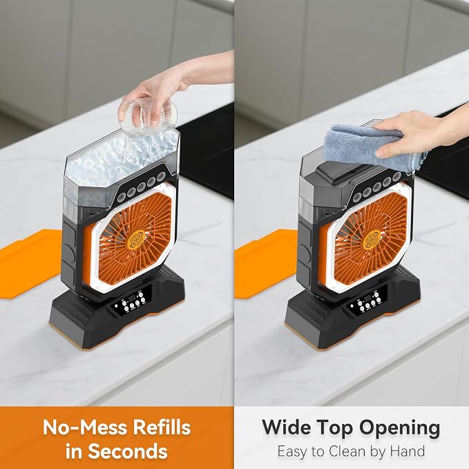Weljoy Desk Fan 5 Sprayers Rechargeable Misting Fan - 5 Speed Portable Cooling Fan 560ml Water Tank Aromatherapy Diffuser Timer 27000mAh Battery (Black & Orange)