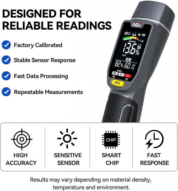 NDI ND316PRO Dual-Mode Moisture Meter – Pin & Pinless Non-Destructive, Wood & Building Materials, Temperature & Humidity Display, Data Log, Backlit LCD