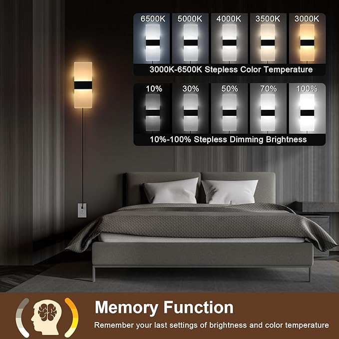 GOODATE Plug in Wall Sconce with Stepless Adjustable 3000K-6500K Colors and 10%-100% Brightness, 12W Acrylic LED Wall Light with Remote, Hardwire or Plug-in (1 Pack, Black)