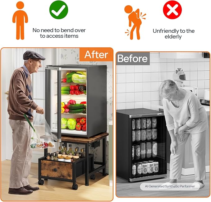 HOOBRO Mini Fridge Stand with Non-Woven Storage Basket and Power Outlet, Mini Fridge Cabinet with Wheels and Adjustable Feet, Mobile Fridge Shelf, for Home, Apartment, Dorm, Rustic Brown FB355UBX01