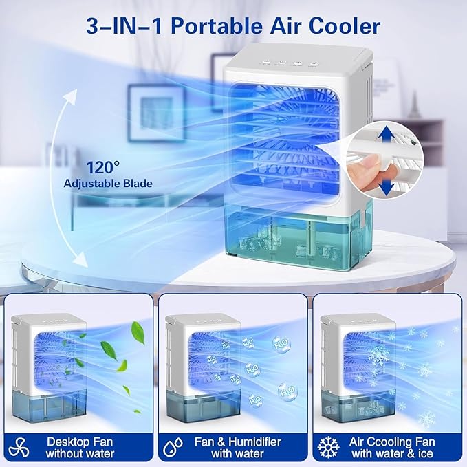 Portable Air Conditioners, 3-In-1 Mini Portable AC Unit 3 Speed with Icy Mist, 900ML Water Tank Cooling Fan with 2/4H Timer 7 Color Lights, Evaporative Cooler Fan for Car Bedrooms Offices Desk Rv Room