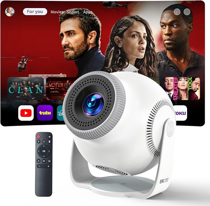Smart Mini Projector with WiFi 6 and Bluetooth 5.4, Android 14 OS with Built-in Apps, 270° Rotation, Support 1080P 4K, Portable Projector for Home Theater, Bedroom & Outdoor Movies, White